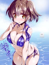 Rule 34 | 10s, 1girl, 2016, bare shoulders, bikini, blue bikini, blush, breasts, brown eyes, brown hair, cleavage, dated, kaga (kancolle), kantai collection, looking at viewer, miuku (marine sapphire), navel, osatou (character), parted lips, short hair, side ponytail, solo, swimsuit, thighhighs, untying, when you see it