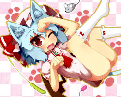 Rule 34 | 1girl, animal ears, ascot, bad id, bad pixiv id, blue eyes, bottomless, cat ears, cat girl, chibi, fang, female focus, hat, kemonomimi mode, kneehighs, looking at viewer, mouse (animal), no panties, one eye closed, open mouth, paw pose, red eyes, remilia scarlet, sex toy, socks, solo, sorrau, touhou, vibrator, white socks, wink