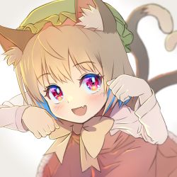 Rule 34 | 1girl, :d, animal ear fluff, animal ears, blurry, blurry background, blush, bow, bowtie, cat ears, cat girl, cat tail, chen, depth of field, fang, from above, green hat, hat, heart, heart tail, long sleeves, looking at viewer, mob cap, multiple tails, nekomata, open mouth, paw pose, red eyes, red vest, shiroi karasu, shirt, short hair, simple background, skin fang, smile, solo, tail, touhou, two tails, vest, white background