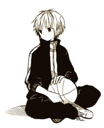 Rule 34 | 1boy, anzu (o6v6o), ball, basketball, basketball (object), crossed legs, expressionless, genderswap, genderswap (ftm), gumiya, gym uniform, jacket, long sleeves, looking to the side, male focus, monochrome, pants, sepia, shoes, sitting, solo, track jacket, vocaloid, white background