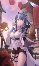 Rule 34 | 1girl, absurdres, arknights, black gloves, blue eyes, blue hair, braid, breasts, cape, earrings, gloves, highres, horns, jewelry, large breasts, ling (arknights), long hair, midriff peek, moshi ruo, pointy ears, polearm, short shorts, shorts, solo, thighs, waist cape, weapon, white cape