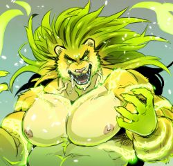 Rule 34 | 1boy, animal ears, bara, belly, black eyes, blonde hair, collarbone, colored sclera, ezaki papiko, fighting stance, fingernails, floating hair, furry, furry male, glowing, glowing hair, green sclera, highres, large pectorals, looking at viewer, macan (housamo), male focus, muscular, muscular male, nipples, no pupils, pectorals, sharp fingernails, sharp teeth, solo, teeth, thick eyebrows, tiger boy, tiger ears, tokyo houkago summoners, upper body, veins, yellow fur
