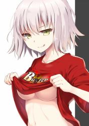 Rule 34 | 1girl, :q, bankoku ayuya, breasts, clothes lift, fate/grand order, fate (series), jeanne d&#039;arc (fate), jeanne d&#039;arc alter (avenger) (fate), jeanne d&#039;arc alter (fate), looking at viewer, medium breasts, navel, red shirt, shirt, shirt lift, short hair, silver hair, smile, solo, t-shirt, tongue, tongue out, underboob, upper body, yellow eyes