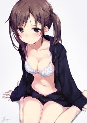 Rule 34 | 1girl, amagai tarou, arms at sides, barefoot, black jacket, blush, bra, breasts, brown eyes, brown hair, cleavage, closed mouth, collarbone, female focus, highres, jacket, long sleeves, looking at viewer, navel, open clothes, original, short hair, signature, simple background, sitting, solo, sweat, underwear, unzipped, wariza, wet, white background, white bra