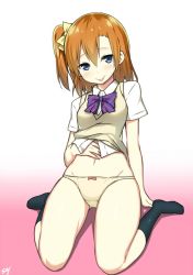 Rule 34 | 10s, 1girl, :p, artist name, blue eyes, blush, bow, bow panties, clothes lift, gradient background, highres, kosaka honoka, love live!, love live! school idol project, navel, no pants, orange hair, panties, pink background, school uniform, shirt lift, short hair, side ponytail, signature, sitting, sky-freedom, solo, sweater vest, thighs, tongue, tongue out, underwear, wariza, yellow panties