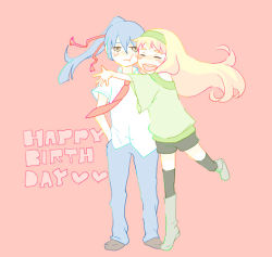 Rule 34 | 00s, 1boy, 1girl, birthday, black thighhighs, blonde hair, blue hair, blush, boots, brown eyes, cheek-to-cheek, chibi, closed eyes, flat color, frown, full body, hairband, hands in pockets, happy birthday, headband, heads together, hetero, hug, kiss, long hair, macross, macross frontier, necktie, open mouth, ponytail, saotome alto, sheryl nome, short shorts, shorts, simple background, smile, socks, thighhighs, untucked, zettai ryouiki