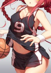 Rule 34 | 1girl, ball, bare shoulders, basketball, basketball (object), basketball uniform, black shorts, black tank top, blush, braid, breasts, chestnut mouth, cleavage, cowboy shot, ezoshika, gradient background, grey background, hair ribbon, head out of frame, kantai collection, kawakaze (kancolle), long hair, low twintails, medium breasts, navel, parted lips, red hair, ribbon, short shorts, shorts, sidelocks, solo, sportswear, sweat, tank top, twin braids, twintails, very long hair, white wristband, wristband