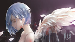Rule 34 | 1girl, angel, angel wings, artist name, bare shoulders, black background, blood, blood on arm, blood on face, bloody wings, blue hair, blurry, bob cut, bokeh, character name, cherry blossoms, chinese commentary, closed eyes, commentary request, copyright name, darling in the franxx, depth of field, eyelashes, feathers, from side, hair ornament, hair strand, hairclip, highres, ichigo (darling in the franxx), nude, parted lips, profile, pugwit, short hair, solo, spikes, upper body, white feathers, white wings, wings