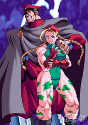 Rule 34 | 1boy, 1girl, absurdres, bare shoulders, blonde hair, braid, breasts, cammy white, cape, hand on another&#039;s shoulder, hat, highleg, highleg leotard, highres, large breasts, leotard, long sleeves, m. bison, muscular, muscular female, nakamanga, sleeveless, street fighter, teeth, white eyes