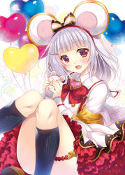 Rule 34 | animal, animal ears, artist name, balloon, black socks, blush, bow, bowtie, brooch, commentary request, frilled skirt, frills, granblue fantasy, hair ornament, hairband, hairclip, heart, heart brooch, holding, holding animal, jewelry, knees together feet apart, knees up, layered skirt, looking at viewer, mouse (animal), mouse ears, open mouth, red bow, red bowtie, red eyes, shigunyan, shirt, short hair, silver hair, skirt, socks, solo, vikala (granblue fantasy), white shirt, white skirt