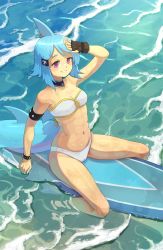 Rule 34 | 1girl, abs, absurdres, aqua hair, armlet, bikini, bracelet, breasts, cleavage, fins, fish tail, from above, full body, gloves, grin, hair ornament, highres, jewelry, navel, original, pink hair, shark fin, shark tail, short hair, shortfin (suweeka), skull hair ornament, small breasts, smile, soaking feet, solo, spiked armlet, spiked bracelet, spikes, strapless, strapless bikini, surfboard, suweeka, swimsuit, tail, water, white bikini