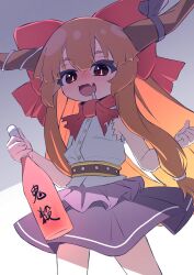 Rule 34 | 1girl, :d, belt, blunt bangs, blush, bottle, bow, bowtie, brown belt, buttons, commentary request, cowboy shot, drunk, fang, flat chest, hair bow, highres, holding, holding bottle, horn ornament, horn ribbon, horns, ibuki suika, long hair, looking at viewer, mr.turtle head, nose blush, one-hour drawing challenge, open mouth, orange hair, purple ribbon, purple skirt, red bow, red bowtie, red eyes, ribbon, sake bottle, shirt, sidelocks, skin fang, skirt, sleeveless, sleeveless shirt, slit pupils, smile, solo, touhou, very long hair, white shirt