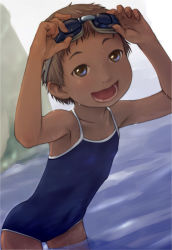 Rule 34 | 1girl, bare arms, brown hair, child, collarbone, conjoh, female focus, flat chest, goggles, goggles on head, looking at viewer, one-piece swimsuit, open mouth, original, short hair, solo, swimsuit, teeth, wading, water