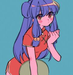 Rule 34 | 1girl, aqua background, artist name, blush stickers, breasts, chinese clothes, closed mouth, hair belt, hair between eyes, highres, holding, looking at viewer, medium breasts, menma (enaic31), ranma 1/2, red eyes, shampoo (ranma 1/2), simple background, solo, twitter username