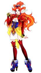Rule 34 | 1girl, boots, breasts, cleavage, corset, fingernails, game arts, grandia, grandia ii, green eyes, high heel boots, high heels, kanoe youshi, long fingernails, long hair, millenia (grandia), nail, nail polish, official art, platform footwear, red hair, red thighhighs, shoes, solo, thighhighs