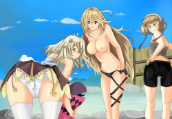 Rule 34 | 3girls, artist request, ass, bare shoulders, bent over, bike shorts, blonde hair, blush, bow, breasts, brown hair, camisole, doll, elize lutus, flower, from behind, gradient hair, green eyes, green hair, grin, groin, hair bow, hair flower, hair ornament, hairband, hairclip, highres, leaning, leaning forward, leia rolando, long hair, looking back, milla maxwell, multicolored hair, multiple girls, naughty face, nipples, open mouth, panties, pantylines, polka dot, polka dot panties, red eyes, short hair, sideboob, skirt, smile, tales of (series), tales of xillia, teepo, teepo (tales), thighhighs, topless, underwear, undressing, upskirt