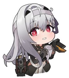 Rule 34 | 1girl, black gloves, chibi, commentary request, cropped torso, elbow gloves, gloves, goddess of victory: nikke, grey hair, grey hairband, hair between eyes, hairband, hands up, holding, long hair, looking at viewer, modernia (nikke), nyaru (nyaru 4126), parted lips, red eyes, simple background, solo, upper body, very long hair, white background
