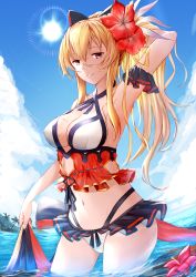 Rule 34 | 1girl, absurdres, arm strap, armpits, bikini, black bow, black ribbon, blonde hair, blue sky, bow, breasts, cleavage, cloud, covered erect nipples, cowboy shot, criss-cross halter, day, flower, frilled bikini, frilled bikini, frills, granblue fantasy, groin, hair between eyes, hair bow, halterneck, hand in own hair, hibiscus, high ponytail, highres, huge filesize, large breasts, long hair, looking at viewer, navel, ocean, outdoors, palm tree, parted lips, pink flower, red eyes, red hair, resuta, ribbon, sky, smile, solo, standing, swimsuit, tree, very long hair, vira (granblue fantasy), wading, white bikini