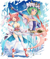 Rule 34 | !, 2girls, alternate costume, alternate eye color, armpits, back bow, blue choker, blue gloves, blue headwear, blush, bow, breasts, buttons, capelet, choker, closed mouth, clothing cutout, coin, coin on string, commentary request, death angel komachi, dress, elbow gloves, flat chest, frilled dress, frilled hat, frilled skirt, frills, full body, glove bow, gloves, hat, heart, heart choker, heart cutout, highres, holding, holding scythe, ichirino minagi, large bow, large breasts, magical girl, medium hair, miniskirt, multiple girls, obi, okobo, onozuka komachi, open mouth, pink brooch, pink eyes, pink hair, purple eyes, purple sash, red bow, red footwear, sandals, sash, scythe, shiki eiki, short hair, skirt, spoken exclamation mark, standing, strapless, strapless dress, thighhighs, touhou, two side up, waist bow, white bow, white capelet, white dress, white gloves, white skirt, white thighhighs