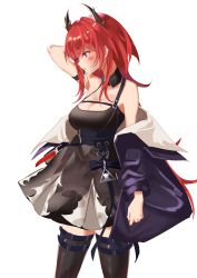 Rule 34 | 1girl, absurdres, arknights, arm up, armband, bare shoulders, black dress, black thighhighs, blush, breasts, cleavage, commentary request, cowboy shot, dress, highres, horns, kotayo, long hair, medium breasts, off shoulder, partial commentary, purple eyes, red hair, simple background, solo, standing, surtr (arknights), thighhighs, thighs, white background, zettai ryouiki
