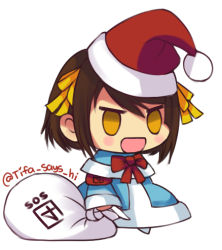 Rule 34 | 1girl, :d, blue capelet, blue coat, bow, bowtie, brown hair, capelet, christmas, coat, commentary, fur-trimmed capelet, fur trim, hair ribbon, hat, holding, holding sack, long sleeves, lowres, meme, open mouth, orange eyes, padoru (meme), red bow, red bowtie, red hat, ribbon, sack, santa hat, short hair, simple background, smile, solo, standing, suzumiya haruhi, suzumiya haruhi no yuuutsu, tifa amakura, twitter username, white background, yellow ribbon