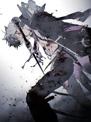 Rule 34 | 1boy, amputee, ascot, black coat, black footwear, black pants, blood, blood on clothes, blood on face, bloody weapon, blue eyes, boots, charles-henri sanson (fate), coat, collared shirt, cuts, debris, dust cloud, fate/grand order, fate (series), feet out of frame, from below, grey hair, hair between eyes, highres, injury, legs apart, long sleeves, looking ahead, male focus, mouth hold, open clothes, open coat, open shirt, pants, pink ascot, seiya ingen, shirt, short hair, solo, standing, sweat, sword, teeth, thigh boots, torn clothes, torn coat, torn pants, torn shirt, weapon, white background, white shirt, wide-eyed