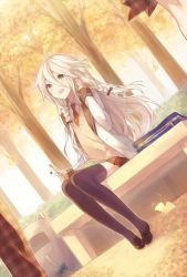 Rule 34 | 1girl, ahoge, bag, bench, braid, green eyes, ia (vocaloid), iritoa, leaf, loafers, long hair, necktie, school bag, school uniform, shoes, sitting, solo, sweater vest, thighhighs, tree, twin braids, vocaloid, white hair