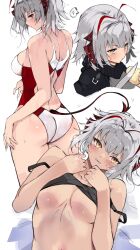 Rule 34 | 1girl, antenna hair, arknights, breasts, commentary request, competition swimsuit, demon tail, from behind, grey hair, highres, horns, knife, kyuu (plastic night q), looking at viewer, medium breasts, multicolored hair, multiple views, one-piece swimsuit, red hair, red horns, short hair, simple background, streaked hair, swimsuit, tail, underboob, w (arknights), wet, white background, yellow eyes