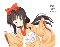 Rule 34 | 1girl, absurdres, blunt bangs, blush, bow, brown hair, closed mouth, commentary request, dated, flat chest, fuyutsuki tomo, gochuumon wa usagi desu ka?, green eyes, hair bow, highres, japanese clothes, kimono, long hair, long sleeves, looking at viewer, low ponytail, obi, one eye closed, ponytail, red bow, sash, sidelocks, signature, smile, solo, ujimatsu chiya, upper body, wide sleeves, yellow kimono