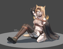 Rule 34 | 2girls, animal ears, arknights, arms behind back, artist request, bare shoulders, bdsm, black choker, black footwear, black hair, black hairband, black shorts, blonde hair, blue eyes, blush, bondage, bound, bound legs, grabbing another&#039;s breast, breasts, cat ears, chinese commentary, choker, commentary request, commission, crop top, gag, gagged, grabbing, grey background, grey shirt, hair ornament, hairband, hairclip, highres, horn (arknights), improvised gag, jewelry, large breasts, long hair, looking at another, mandragora (arknights), midriff, multiple girls, navel, necklace, second-party source, shirt, shoes, short hair, short shorts, shorts, simple background, sitting, sleeveless, sleeveless shirt, smile, stomach, tape, tape gag, thighhighs, thighs, v-shaped eyebrows, wolf ears, yellow eyes