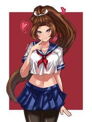 Rule 34 | 1girl, breasts, brown hair, cleavage, crop top, fatal fury, heart, heart-shaped pupils, highres, large breasts, long hair, looking at viewer, ponytail, queen&#039;s blade, queen&#039;s gate spiral chaos, school uniform, shiranui mai, short sleeves, symbol-shaped pupils, the king of fighters, zeroz vi