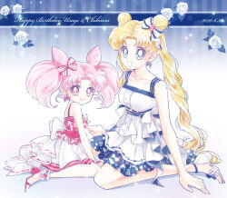 Rule 34 | 2020, 2girls, age difference, bare arms, between legs, bishoujo senshi sailor moon, blonde hair, blue eyes, bow, character name, chibi usa, collarbone, cone hair bun, dated, double bun, earrings, flower, full body, grin, hair bow, hair bun, hair ornament, hand between legs, happy birthday, height difference, jewelry, layered skirt, long hair, looking at viewer, miniskirt, multiple girls, pink hair, red eyes, sarashina kau, shirt, signature, sitting, skirt, sleeveless, sleeveless shirt, smile, star (symbol), star hair ornament, striped, striped bow, tsukino usagi, twintails, very long hair, white bow, white flower, white shirt