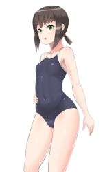 Rule 34 | 1girl, 30-06, bad id, bad pixiv id, black hair, black one-piece swimsuit, breasts, competition school swimsuit, covered navel, cowboy shot, fubuki (kancolle), green eyes, highres, kantai collection, low ponytail, one-piece swimsuit, ponytail, school swimsuit, short hair, short ponytail, sidelocks, simple background, small breasts, solo, swimsuit, white background