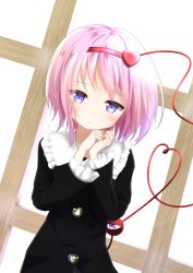 Rule 34 | 1girl, alternate costume, black dress, blue eyes, blush, collar, dress, dutch angle, frilled collar, frilled cuffs, frills, frown, hairband, hands on own chin, heart, highres, komeiji satori, looking at viewer, own hands together, pink hair, short hair, solo, third eye, touhou, window, yuuforia
