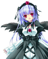 Rule 34 | 1girl, black bow, black bowtie, black collar, black dress, black hairband, black ribbon, black wings, bow, bowtie, breasts, closed mouth, collar, commentary request, cowboy shot, cross-laced clothes, cross-laced dress, detached collar, dress, feathered wings, fingernails, flower, frilled dress, frilled hairband, frills, gothic lolita, grey hair, hair ribbon, hairband, juliet sleeves, layered dress, lolita fashion, lolita hairband, long hair, long sleeves, looking at viewer, medium bangs, medium breasts, morinaga hinase, puffy sleeves, red eyes, red flower, red rose, ribbon, rose, rozen maiden, simple background, sleeves past wrists, smile, solo, suigintou, white background, white dress, wings