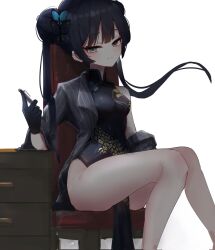 Rule 34 | 1girl, black hair, blue archive, chair, china dress, chinese clothes, commentary, double bun, drawer, dress, grey eyes, hair bun, hair ornament, highres, kisaki (blue archive), pen, self-upload, simple background, solo, sstthei, twintails, white background