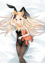Rule 34 | 1girl, abigail williams (fate), absurdres, animal ears, arm up, bare arms, barefoot, bed sheet, black bow, black pantyhose, blonde hair, blue eyes, blush, bow, bowtie, breasts, collar, commentary request, covered navel, dated, detached collar, fake animal ears, fate/grand order, fate (series), forehead, hair bow, highres, leotard, long hair, lying, hugging object, on back, orange bow, orange bowtie, pantyhose, parted bangs, parted lips, playboy bunny, polka dot, polka dot bow, rabbit ears, rabbit girl, signature, small breasts, solo, stuffed animal, stuffed toy, teddy bear, thighband pantyhose, very long hair, white collar, yukineko1018