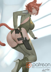Rule 34 | 1girl, animal ears, ankle boots, ariverkao, ass, boots, breasts, brown eyes, brown hair, cat ears, cat tail, dated, fingerless gloves, garter straps, gloves, gun, hand on own ass, high heel boots, high heels, holster, large breasts, leotard, lips, looking back, original, parted lips, patreon logo, shoe soles, short hair, shrug (clothing), signature, solo, tail, thigh holster, thighhighs, watermark, weapon, web address
