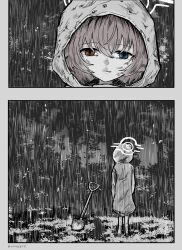 Rule 34 | 1girl, :|, blue archive, blue eyes, closed mouth, forest, halo, heterochromia, highres, hoshino (blue archive), implied death, monochrome, nature, rain, raincoat, red eyes, short hair, shovel, solo, spot color, standing, twitter username, uttsu (yumaviviane)