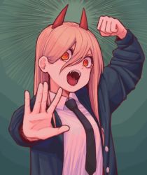 Rule 34 | 1girl, 28 (282teeth), bad id, bad pixiv id, breasts, chainsaw man, clenched hand, cross-shaped pupils, foreshortening, hair between eyes, highres, horns, long hair, looking at viewer, necktie, open mouth, orange eyes, pink hair, power (chainsaw man), sharp teeth, solo, symbol-shaped pupils, teeth, tongue