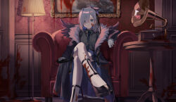 Rule 34 | 1girl, amane kanata, blood, coat, couch, crossed legs, expressionless, hololive, indoors, lamp, sitting, solo, usirome, virtual youtuber