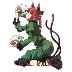 Rule 34 | 1girl, animal ears, bow, braid, cat ears, cat girl, cat tail, closed eyes, dress, extra ears, female focus, hair bow, high heels, hirasaka ine, kaenbyou rin, kiss, kissing skull, kneeling, long hair, multiple tails, nail polish, pointy ears, profile, pumps, red hair, red nails, simple background, skull, solo, tail, touhou, twin braids, white background