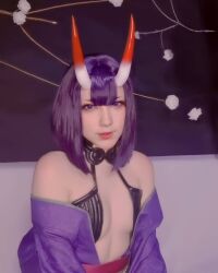 Rule 34 | 1girl, bare shoulders, breasts, cosplay, fate/grand order, fate (series), female focus, highres, hiroto nyaa, horns, looking at viewer, mexican (nationality), photo (medium), purple eyes, purple hair, revealing clothes, short hair, shuten douji (fate), shuten douji (fate) (cosplay), skin-covered horns, small breasts, solo, upper body