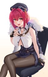 Rule 34 | 1girl, absurdres, bare shoulders, fingerless gloves, gloves, highres, hololive, houshou marine, looking at viewer, open mouth, red eyes, red hair, short hair, sitting, smile, solo, toby000777, virtual youtuber, yellow eyes