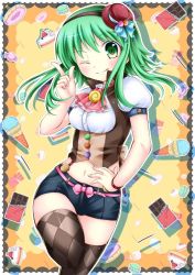 Rule 34 | 00s, 1girl, breasts, candy, chocolate, food, green eyes, green hair, gumi, hand on own hip, ice cream, image sample, inumine aya, matching hair/eyes, medium breasts, gumi (v3 megpoid), midriff, navel, non-web source, one eye closed, pocky, sankaku sample, short shorts, shorts, solo, thighhighs, tongue, tongue out, vocaloid, wink