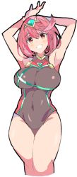 Rule 34 | 1girl, arms up, breasts, competition swimsuit, covered navel, enpe, highres, large breasts, looking at viewer, nintendo, one-piece swimsuit, open mouth, pyra (pro swimmer) (xenoblade), pyra (xenoblade), red eyes, red hair, short hair, sidelocks, simple background, sketch, solo, swept bangs, swimsuit, tiara, white background, xenoblade chronicles (series), xenoblade chronicles 2