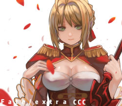 Rule 34 | 10s, 1girl, ahoge, bad id, bad pixiv id, blonde hair, breasts, cleavage, copyright name, epaulettes, fate/extra, fate/extra ccc, fate/grand order, fate (series), green eyes, large breasts, mizu (dl7613), nero claudius (fate), nero claudius (fate), nero claudius (fate/extra), petals, short hair, simple background, solo, upper body, white background