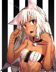 Rule 34 | 1girl, aged down, altera (fate), animal ears, bare arms, bare shoulders, bell, black nails, blunt bangs, breasts, cat ears, collar, collarbone, dark-skinned female, dark skin, fate/grand order, fate (series), full-body tattoo, headdress, i-pan, looking at viewer, nail polish, neck bell, red eyes, revealing clothes, short hair, small breasts, solo, tan, tattoo, white hair