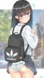 Rule 34 | 1girl, ass, backpack, bag, black hair, black skirt, blue eyes, blurry, blurry background, blush, bow, building, cellphone, closed mouth, clothes lift, clueless, collared shirt, commentary request, hair ornament, hairclip, highres, holding, holding phone, letterboxed, light smile, looking at viewer, original, panties, phone, pleated skirt, road, school uniform, shirt, signature, skirt, skirt caught on object, skirt lift, smartphone, solo, standing, sunsun2812, thighs, tree, underwear, uniform, wardrobe error, wardrobe malfunction, white panties, white shirt