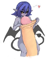 Rule 34 | 1girl, black sclera, blue hair, colored sclera, demon girl, demon tail, demon wings, enoko (zqfebi), foreskin, heart, koonago, mini person, minigirl, nude, object insertion, penis, pointy ears, purple hair, saliva, simple background, tail, tongue, tongue out, uncensored, urethral insertion, white background, wings, yellow eyes